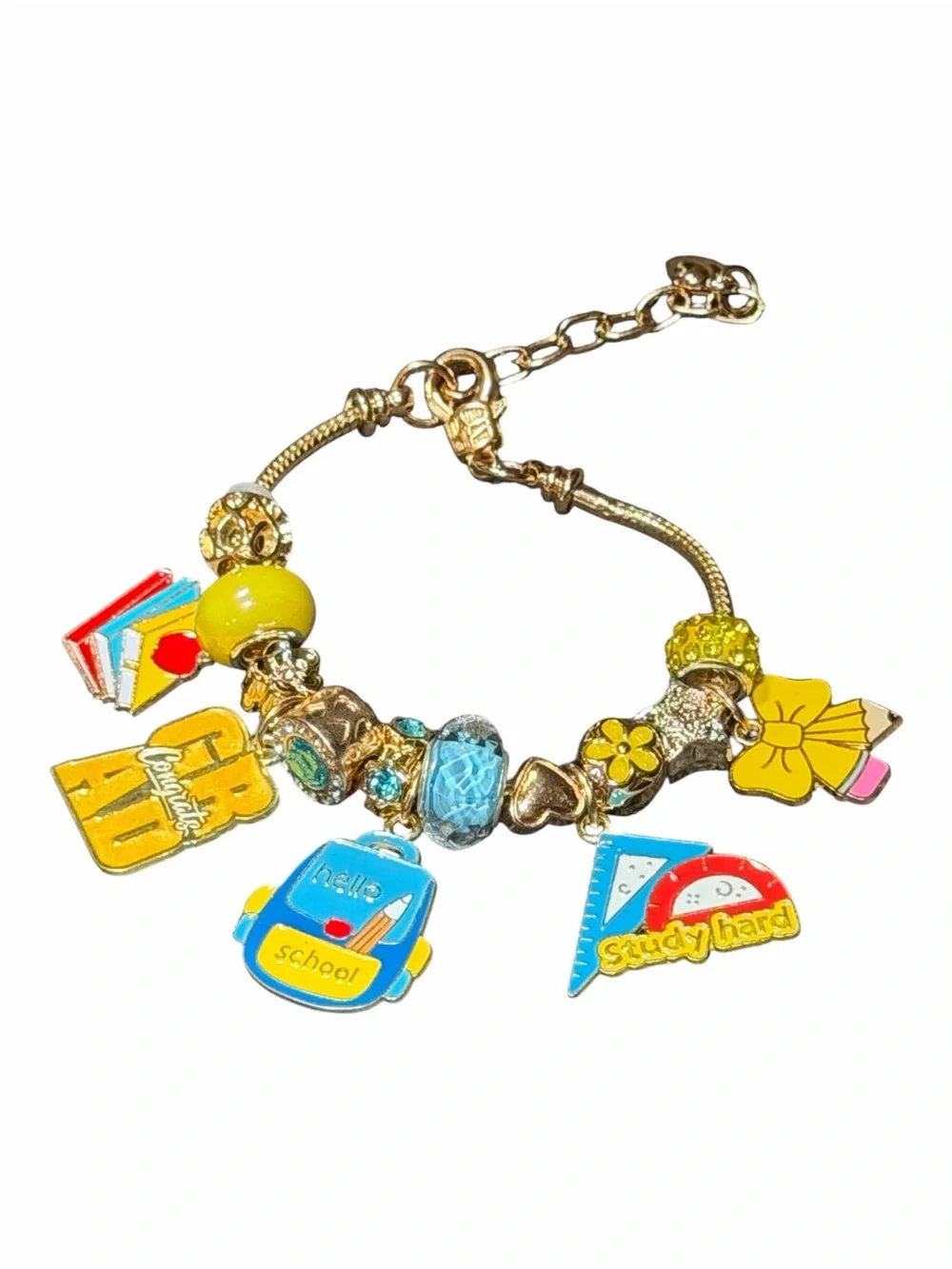 Gold-Tone School Charm Bracelet with Yellow & Blue Enamel Accents